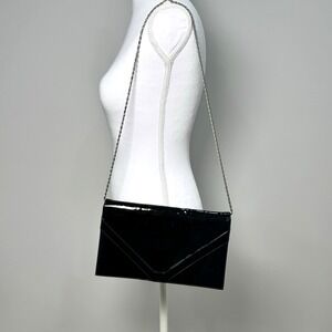 Vintage‎ Black Patent Finish Vinyl Envelope Clutch Handbag Chain Strap